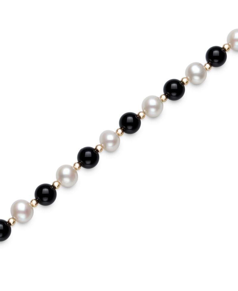 Freshwater Pearl (7.5-8.5mm), Black Onyx and Gold Bead Bracelet in 10k Yellow Gold