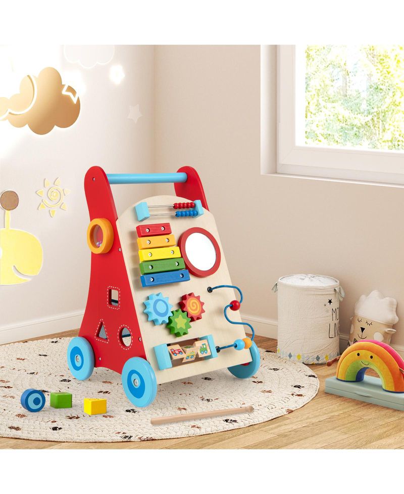 Wooden Baby Walker Baby Push Walker w/ Handle Storage and Wheels Walker Toy