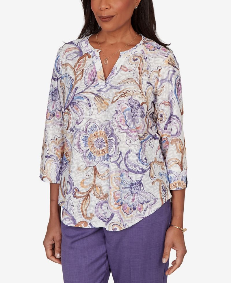 Petite Grand Bazaar Jacobean Floral Split Neck Top