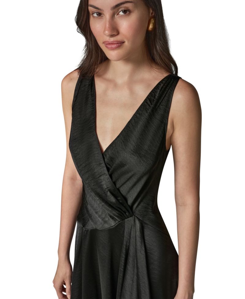 Women's Satin Sleeveless Surplice-Neck Draped A-Line Midi Dress