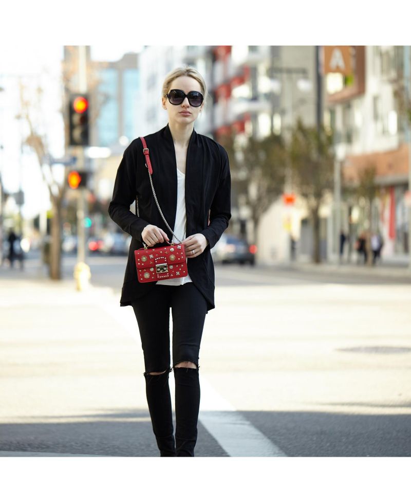 Studded Small Leather Crossbody Bag Red Purse Women's Handbag with Top Handle