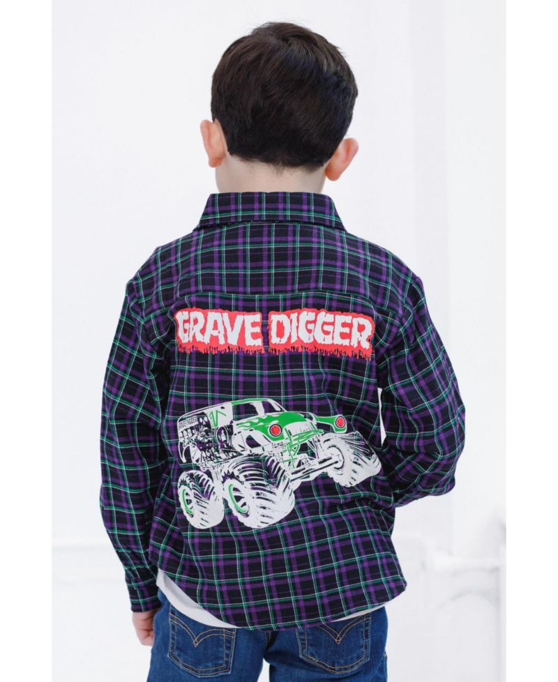 Boys Grave Digger Truck Flannel Matching Family Button Down Shirt