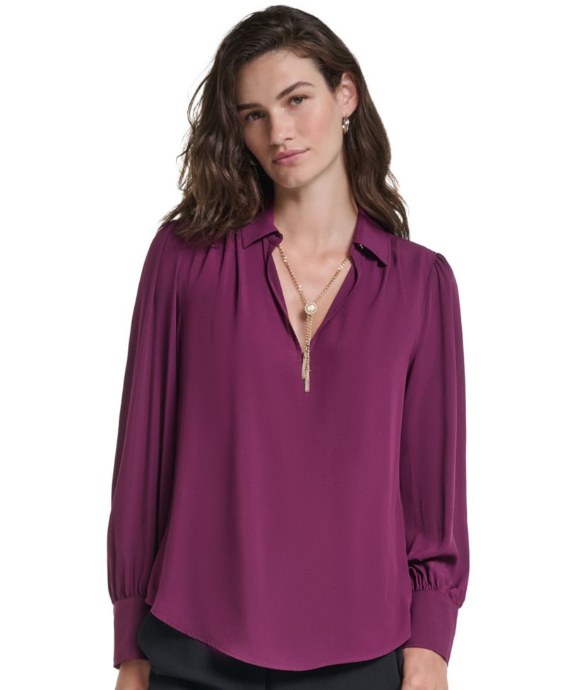 Petite Long-Sleeve Collared Blouse