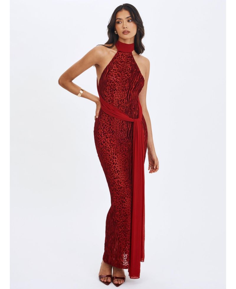 Women's Cerise Scarlet Burnout Velvet Multiwear Mesh Ribbon Maxi Dress