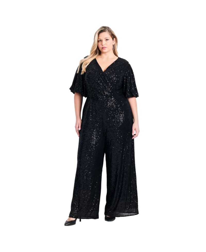 Women's Plus Size Petite Nada Sequin Puff Sleeve Jumpsuit