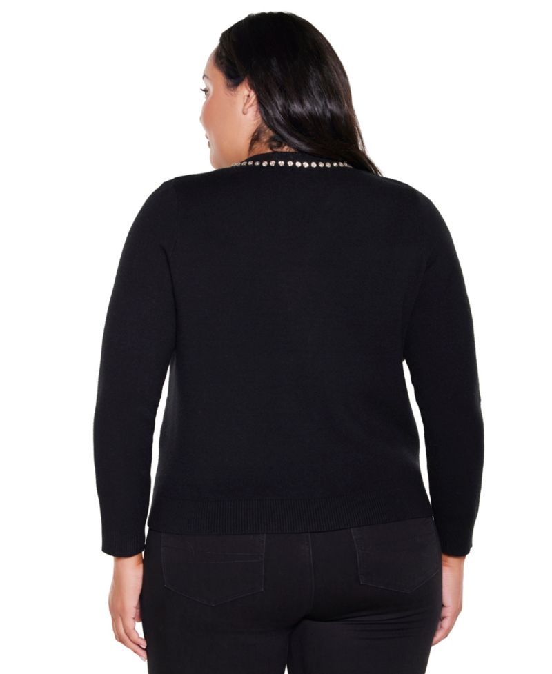 Plus Size Embellished Long-Sleeve Crewneck Cardigan Sweater