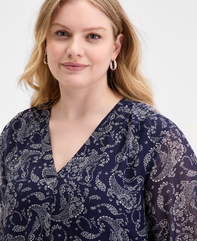 Plus Size Kelly Printed Sheer-Sleeve Pleated Blouse