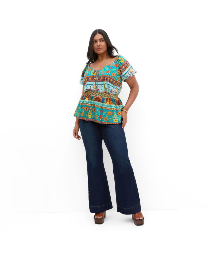 Plus Size Amaria Puff-Sleeve Print Tie-Front Top
