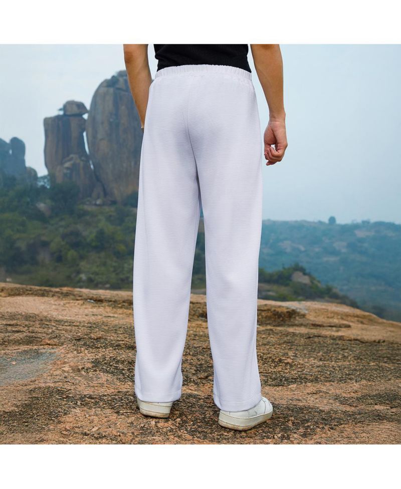 Men's Cream White Straight-Fit Ribbed Trousers