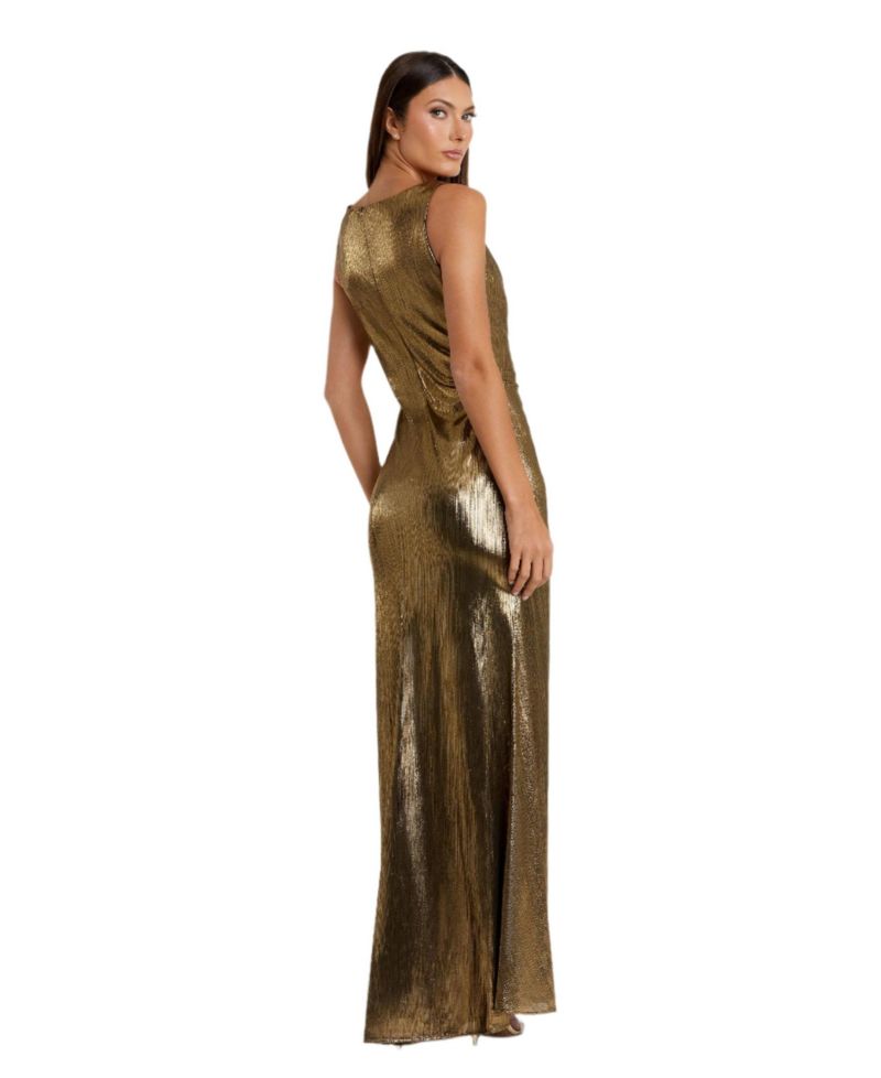 Women's Metallic Ruched Detail Front Slip V Neck Gown