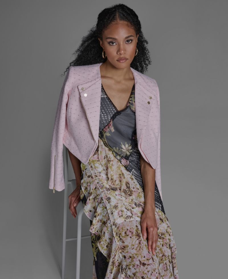 Women's Crewneck Textured Cropped Moto Jacket