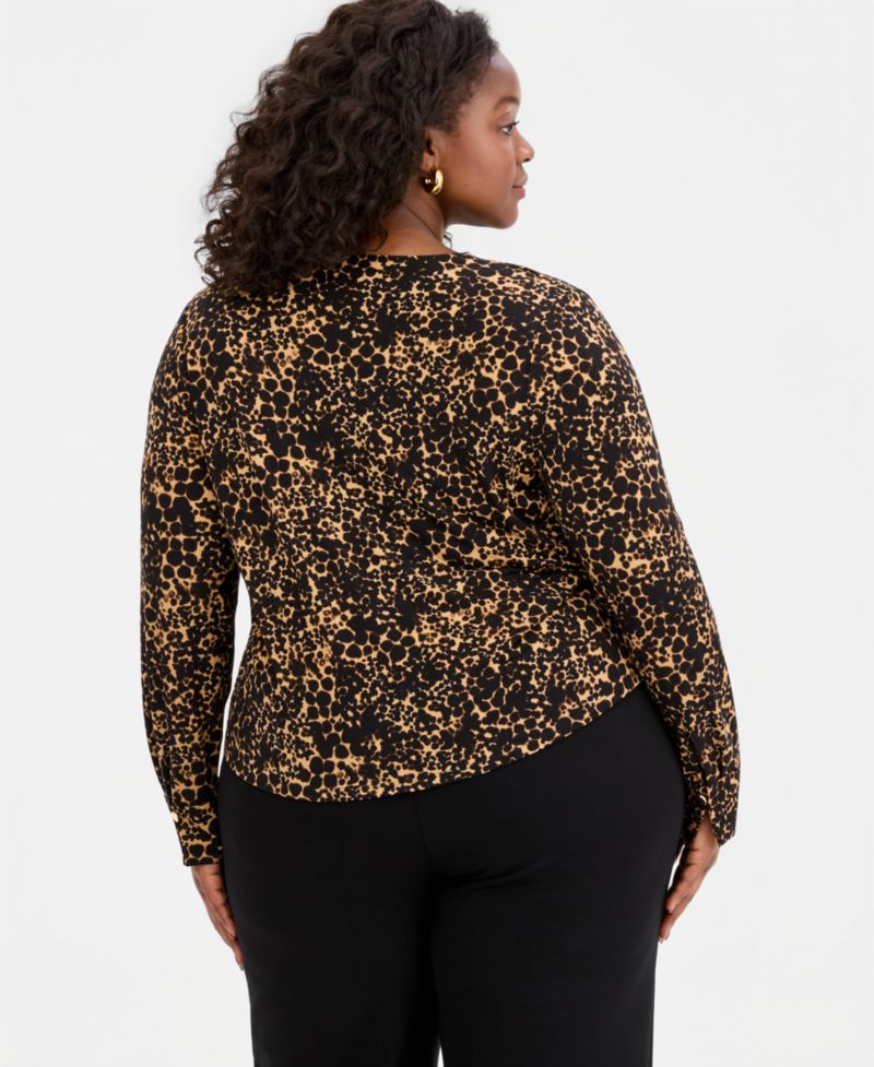 Plus Size V-Neck Long-Sleeve Pleated Blouse