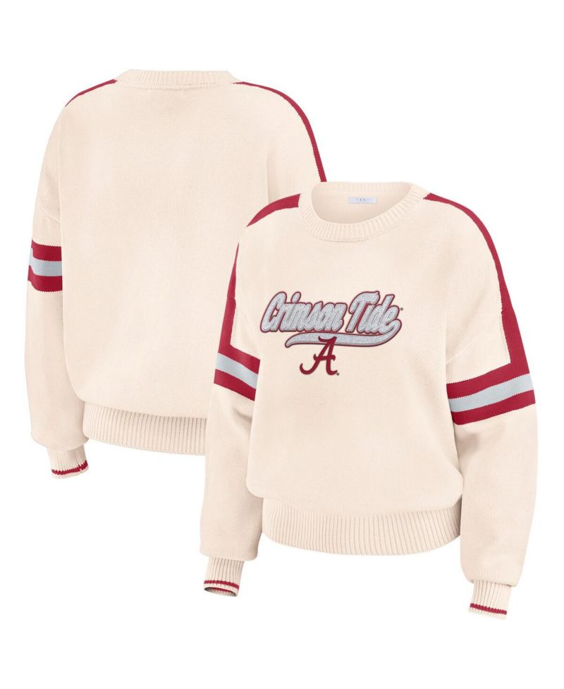Women's Cream Alabama Crimson Tide Chenille Woven Patch Stripe Pullover Sweater