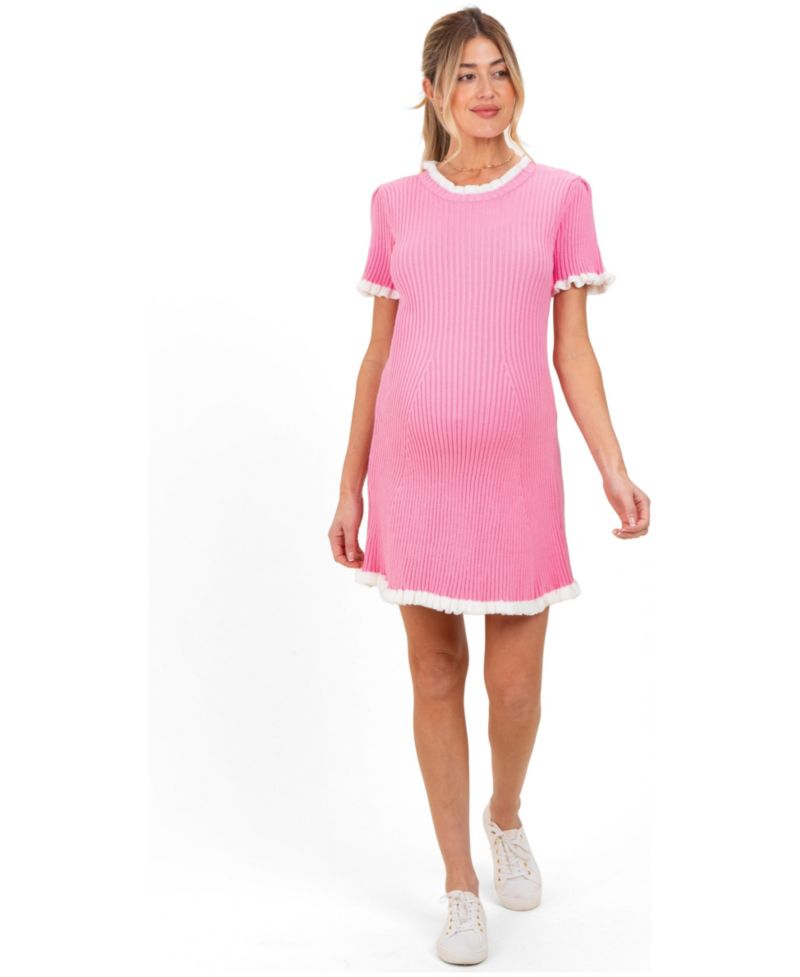 Women's Ribbed Knit Ruffle Trim Mini Dress