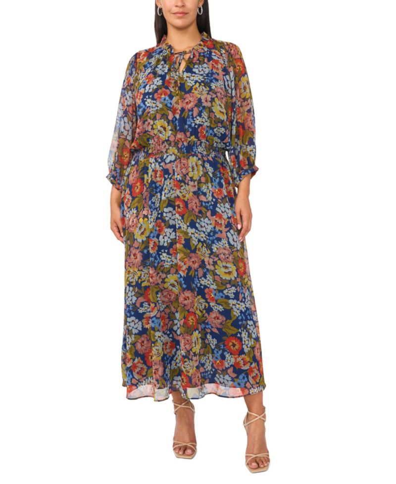Plus Size Floral-Print Puff Sleeve Chiffon Maxi Dress
