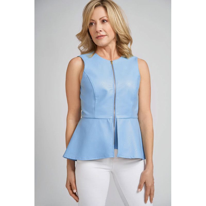 Women's Reagan Faux Leather Fitted High Low Peplum Vest with Gold Zippered Front