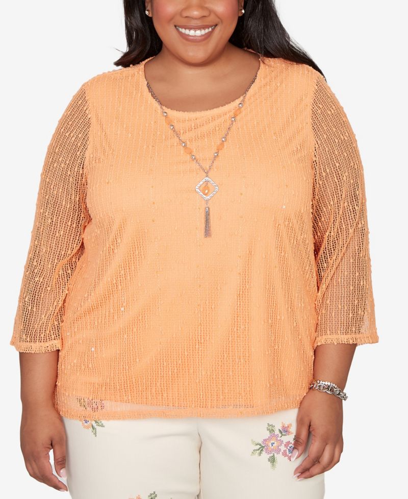 Plus Size Beachcomber Bright Popcorn Mesh Top with Necklace