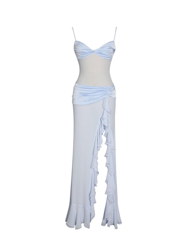 Women Lacy Blue Ruched Breast High Slit Chiffon Dress