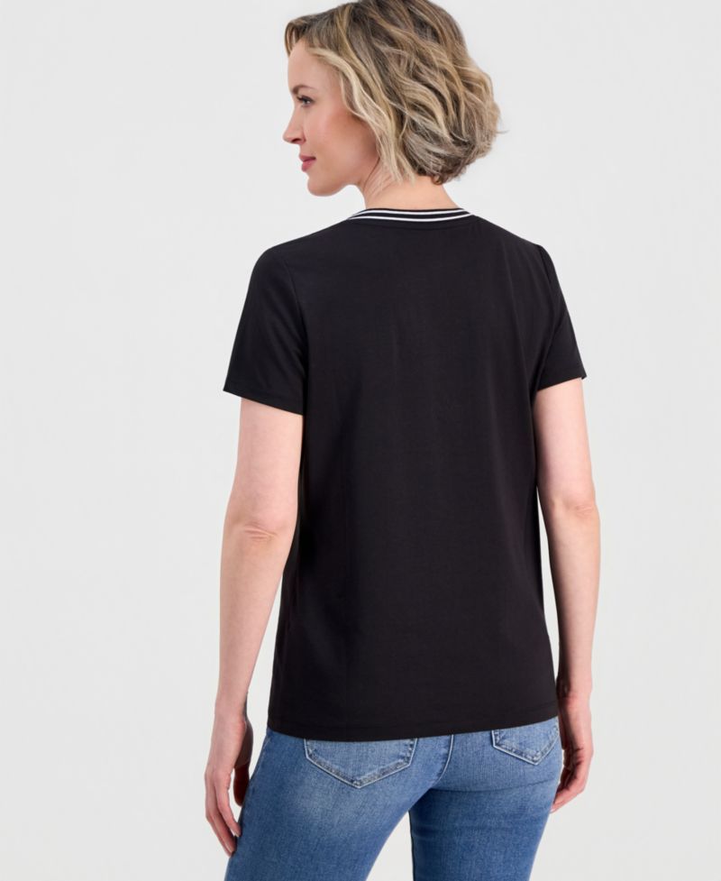 Women's Solid Stripe-Trim V-Neck Top