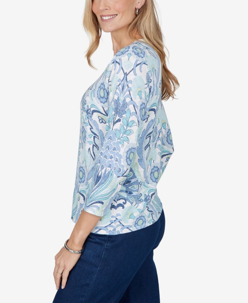 Petite 3/4-Sleeve Floral Pullover Sweater