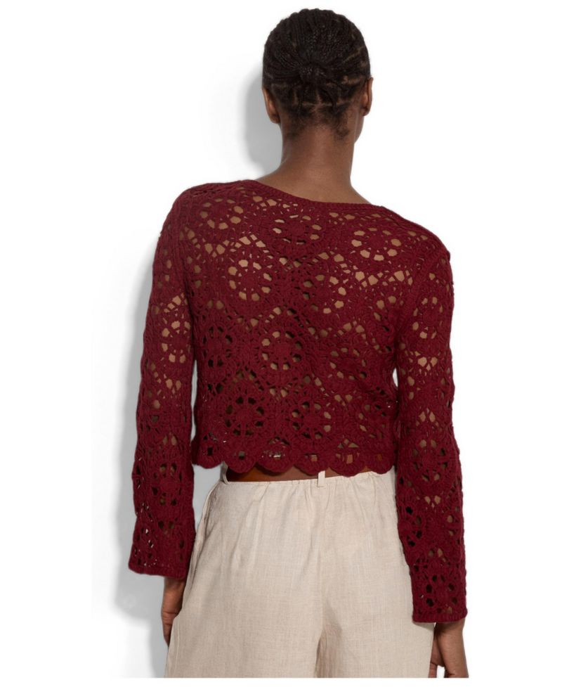 Women's Long-Sleeve Floral Crochet Top