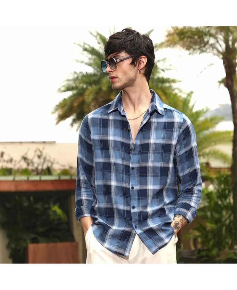 Men's Navy Blue & Off-White Multi-Checkered Shirt