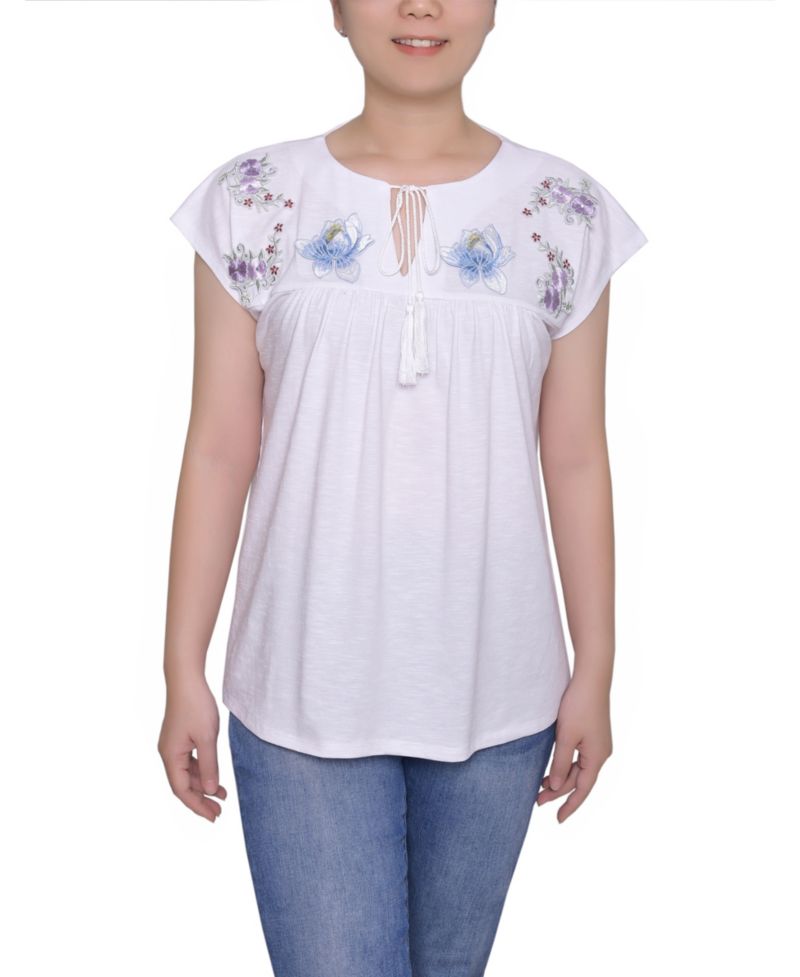 Petite Embroidered Yoke Extended Sleeve Top