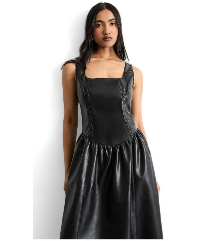 Women's Faux Leather Whipstitch Trim Midi Dress