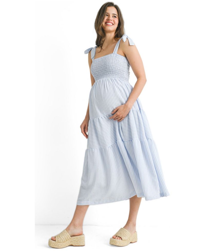 Women's Striped Smocked Empire Waist Sundress with Tie Straps