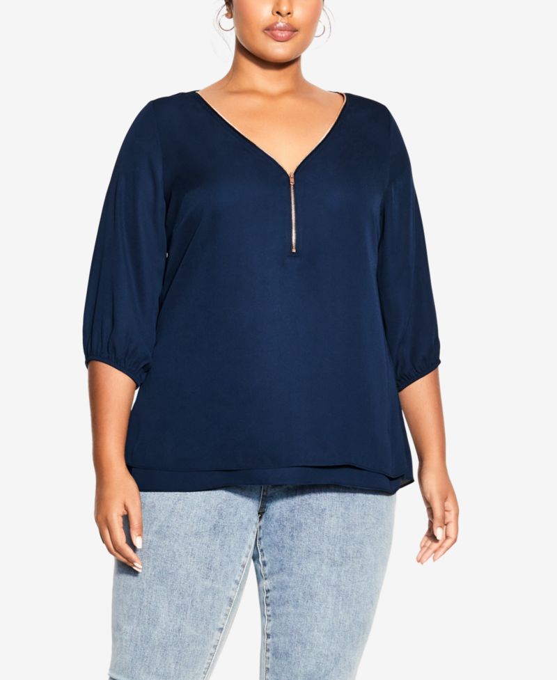 Women's Fashion Fling Elbow Sleeve Zip Neck Top