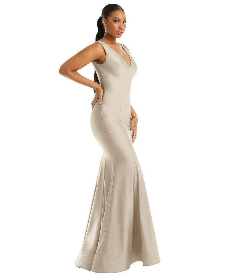 Women's Shirred Shoulder Stretch Satin Mermaid Dress with Slight Train
