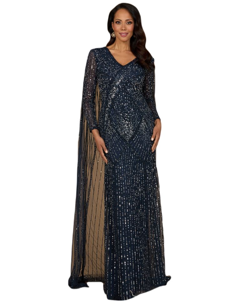 Women's Long Sleeve Beaded Gown with Cape