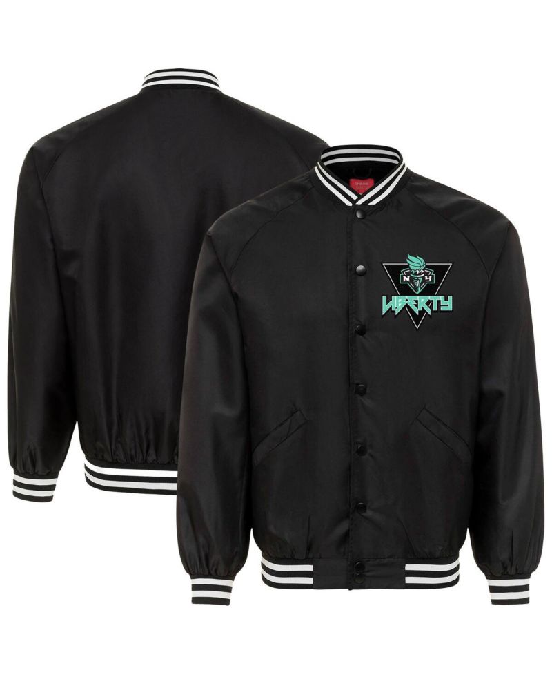 Men's and Women's Black New York Liberty Rock Roll Collection Ringo Satin Raglan Full-Snap Bomber Jacket
