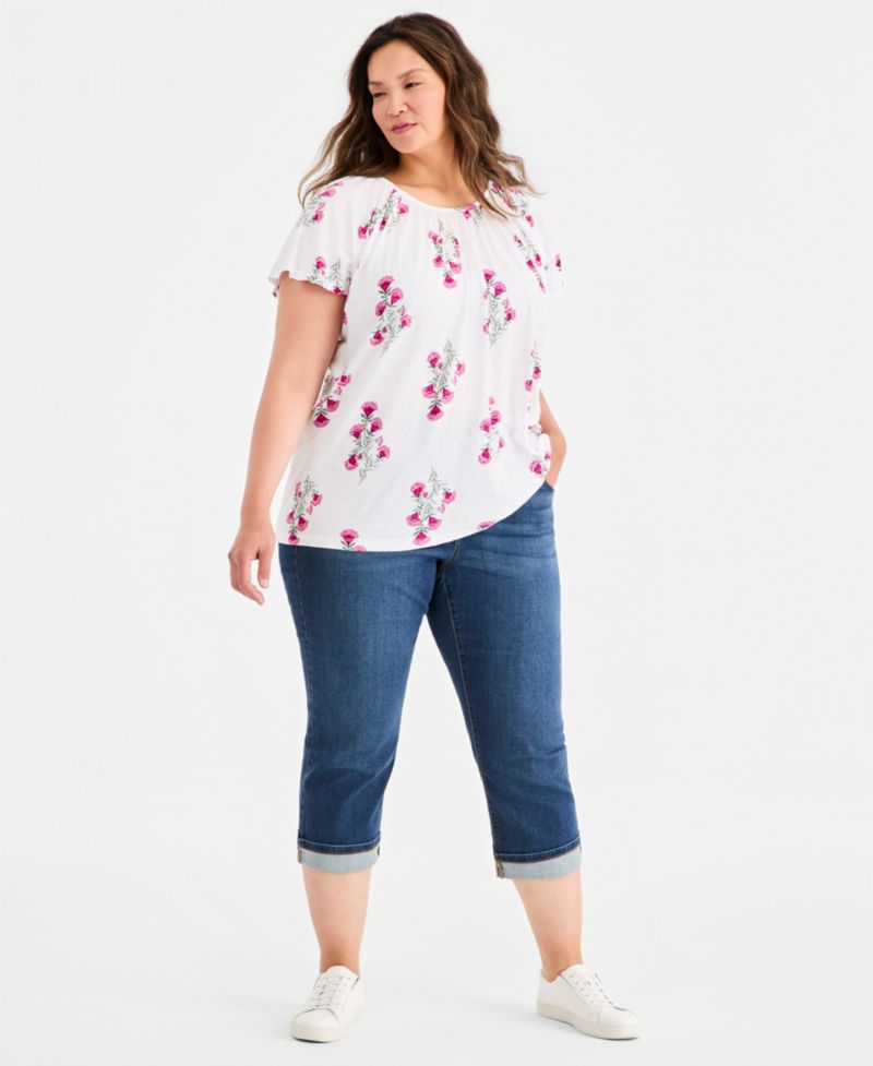 Plus Size Printed Scoop-Neck Flutter-Sleeve Top