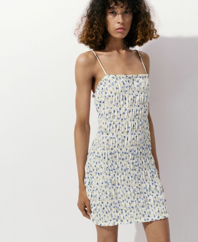 Women's Floral-Print Ruched Square Neck Dress