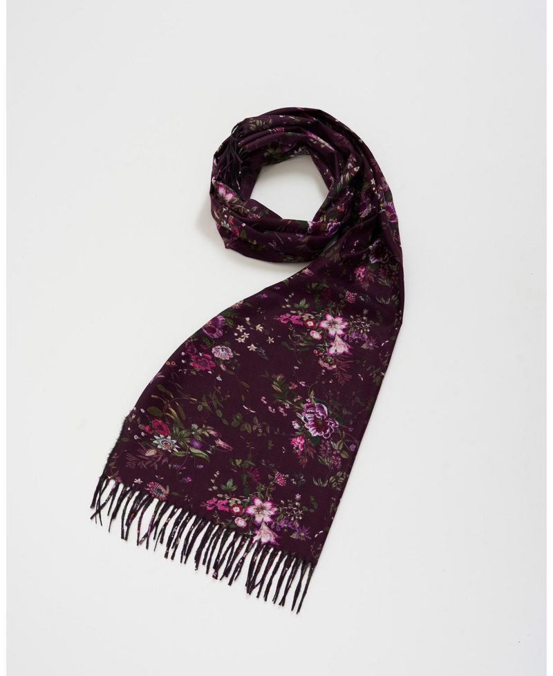 Women's Eve Floral Long Fringed Scarf in Burgundy