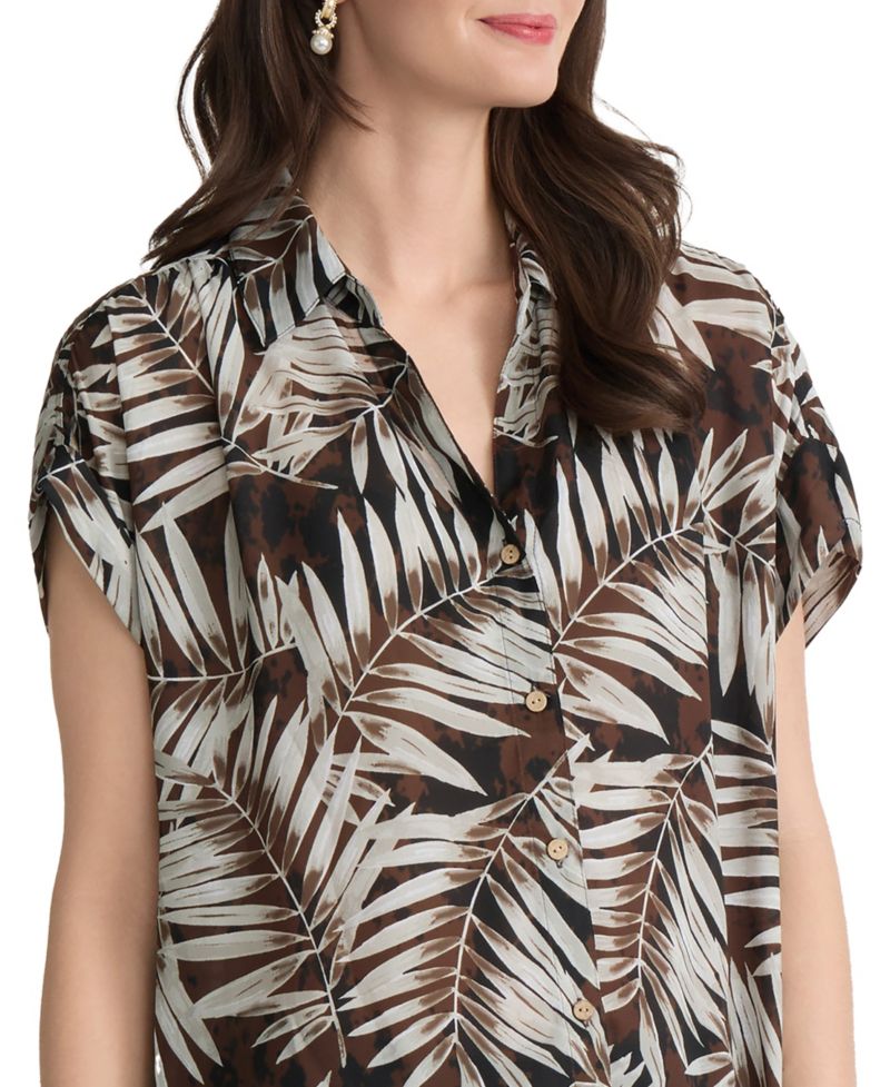 Petite Palm Print Collared Neck Shirt