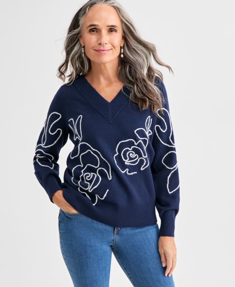 Petite Embroidered Soutache Long-Sleeve Sweater