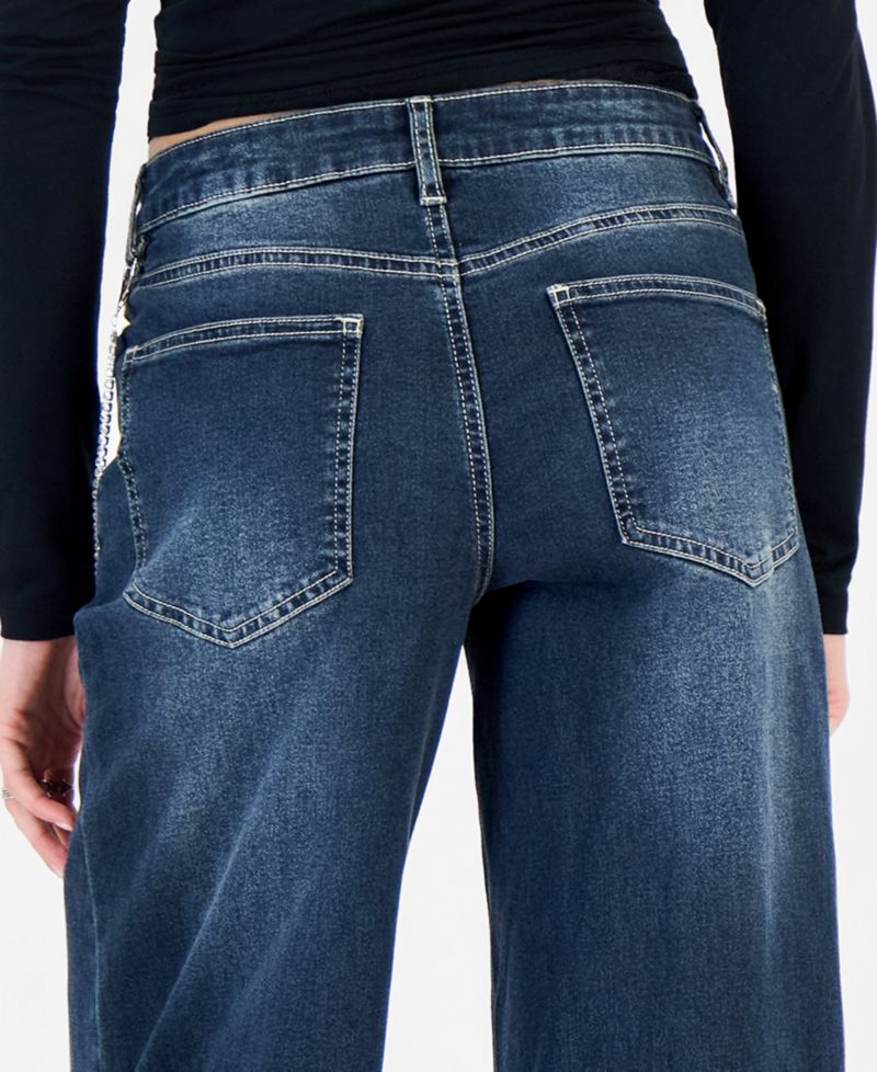 Juniors' 90s Wide Leg Rhinestone-Chain High-Waisted Cotton-Blend Jeans