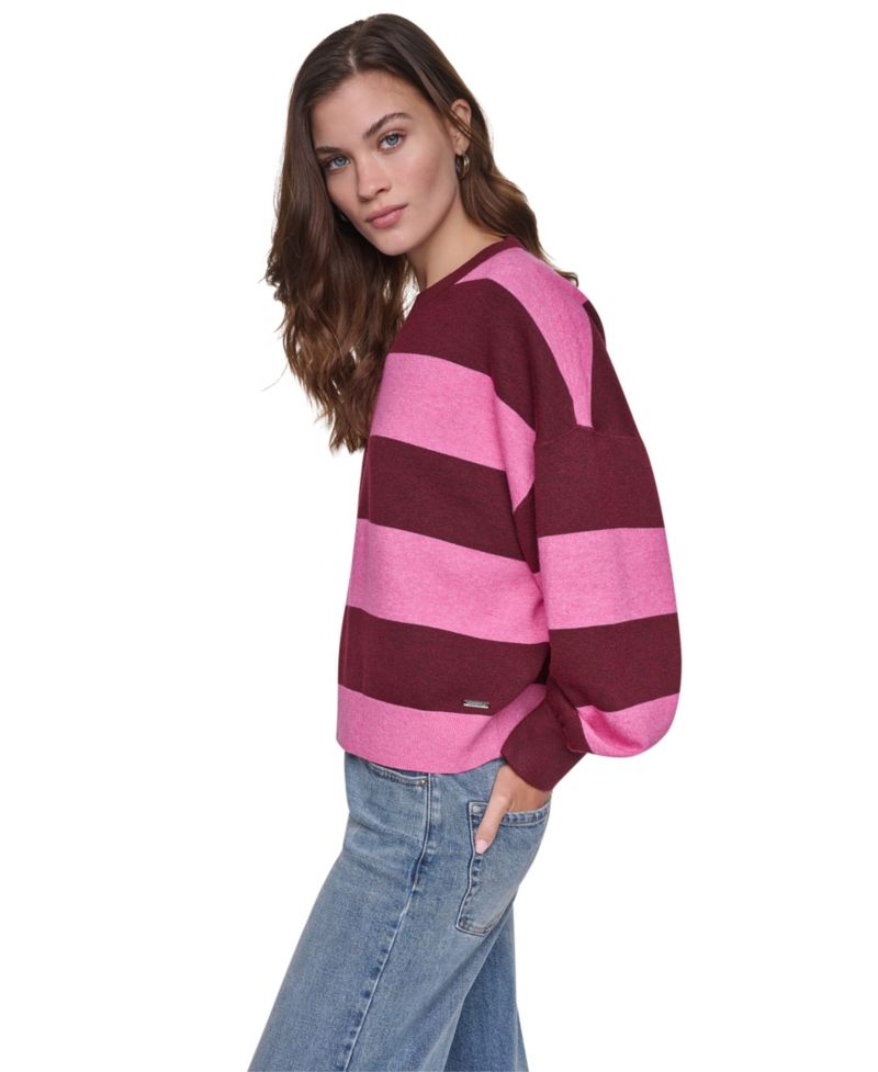 Women's Striped Blouson-Sleeve Oversized Sweater
