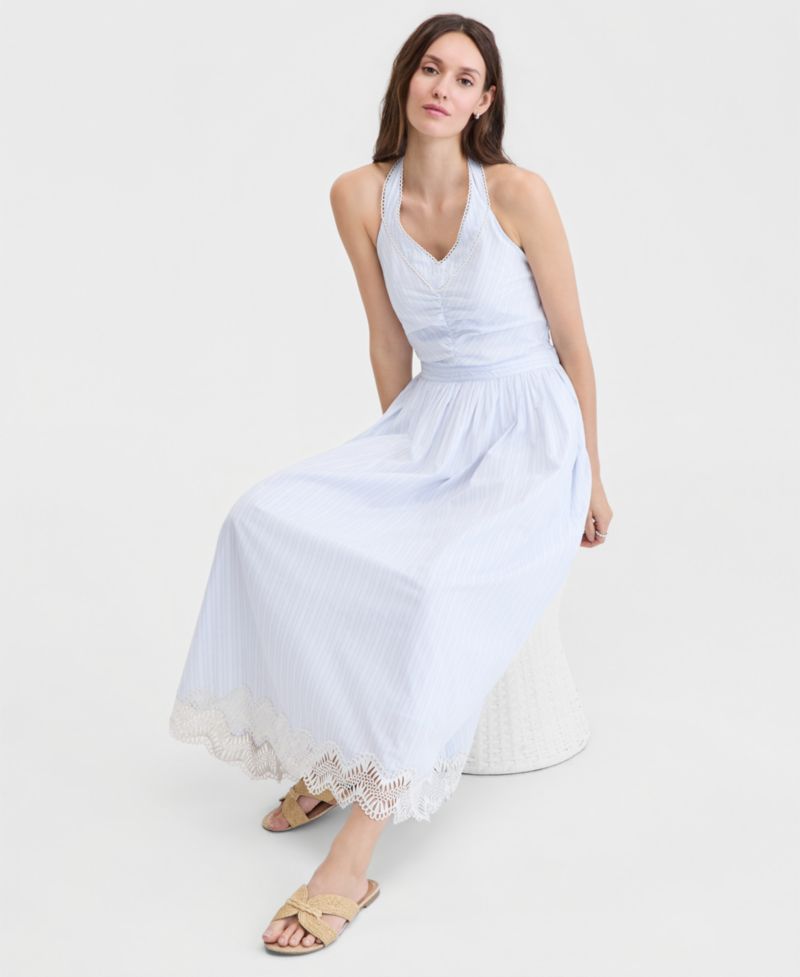 Women's Cotton Maritime Stripe Halter Lace-Trim Midi Dress