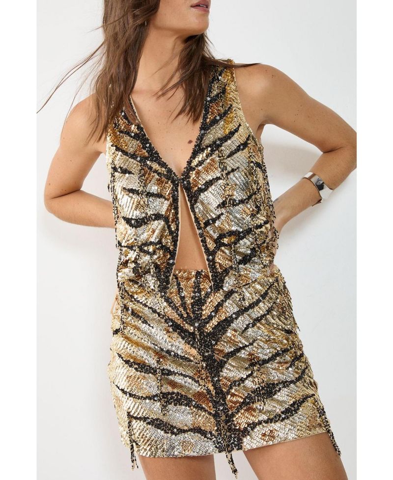 Women's Hand Embellished Tassel Sequin Waistcoat