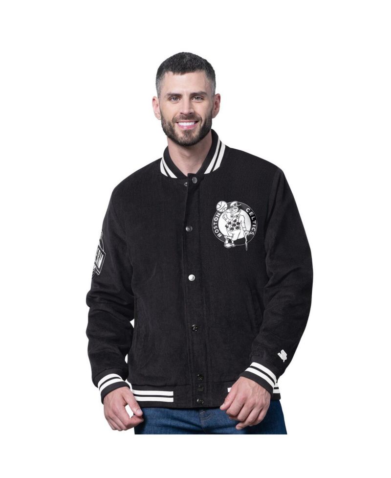 Men's Black Boston Celtics Blackout Corduroy Full-Snap Varsity Jacket
