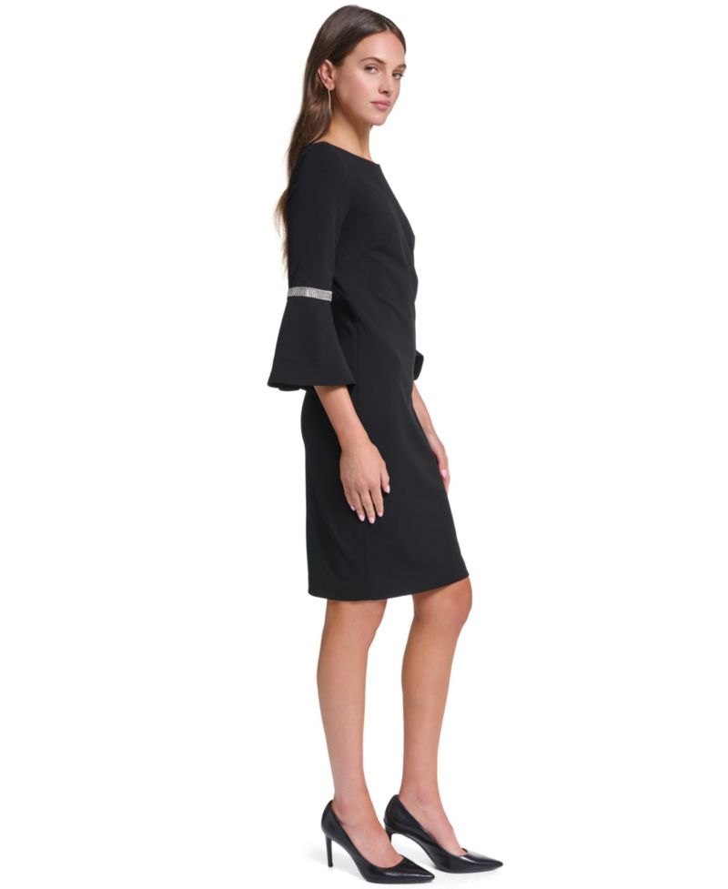 Women's Boat-Neck Bell Sleeve with Rhinestone Trim Sheath Dress