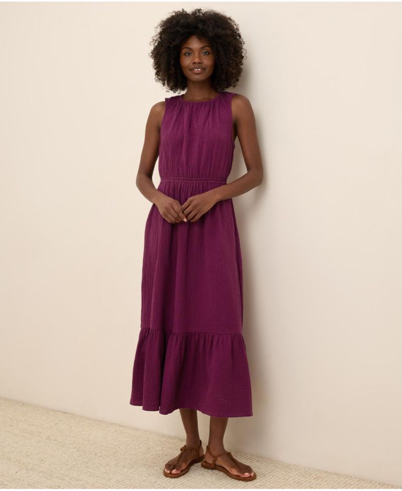 Women's Organic Cotton Coastal Double Gauze Tiered Midi Dress