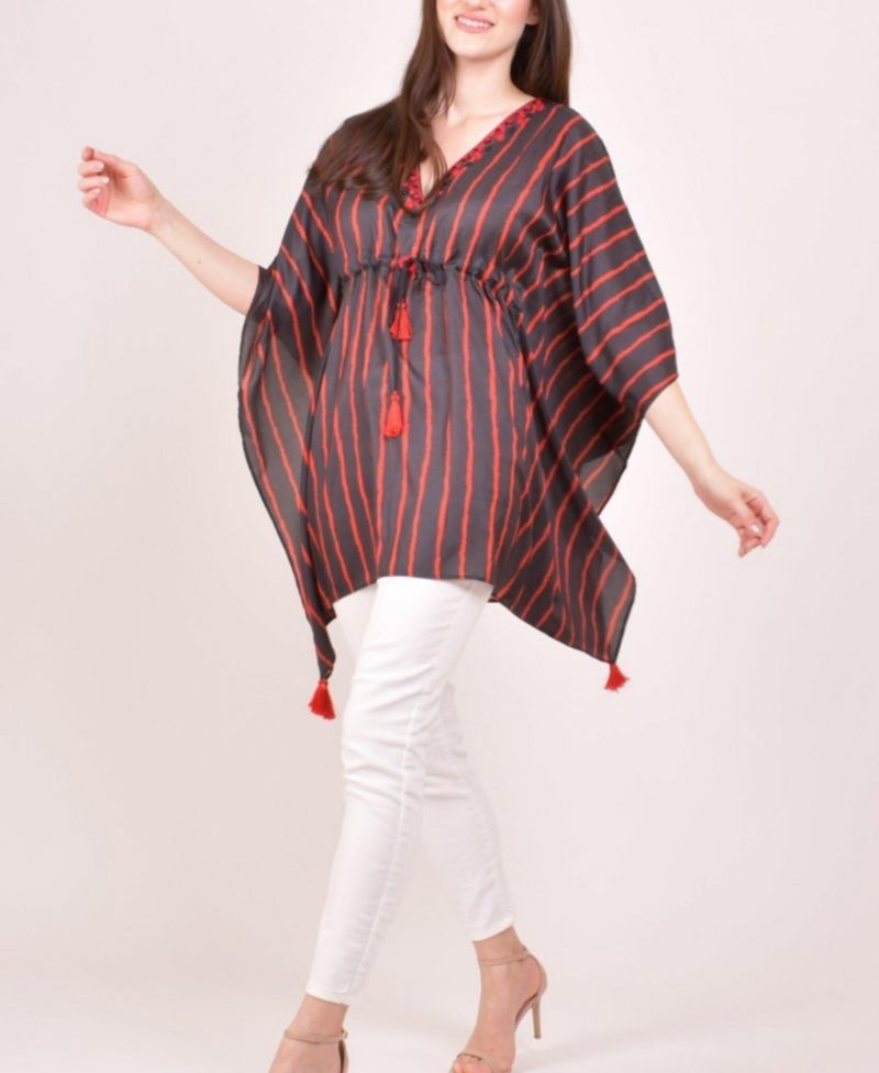 Women's Stripe Floral Embroidered Boho Kaftan Top
