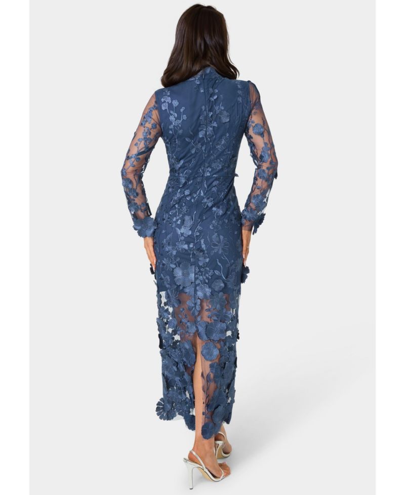 Women's 3D Floral Mock Neck Midi Dress