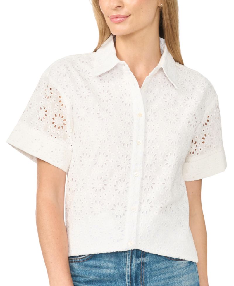Women's Eyelet Short-Sleeve Button-Down Blouse