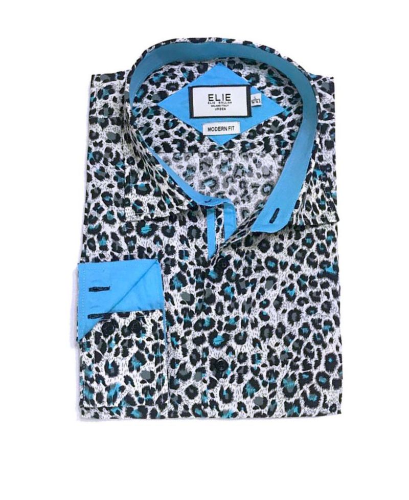 Little Boys Teal Slim Fit Leapord Button-Down Shirt