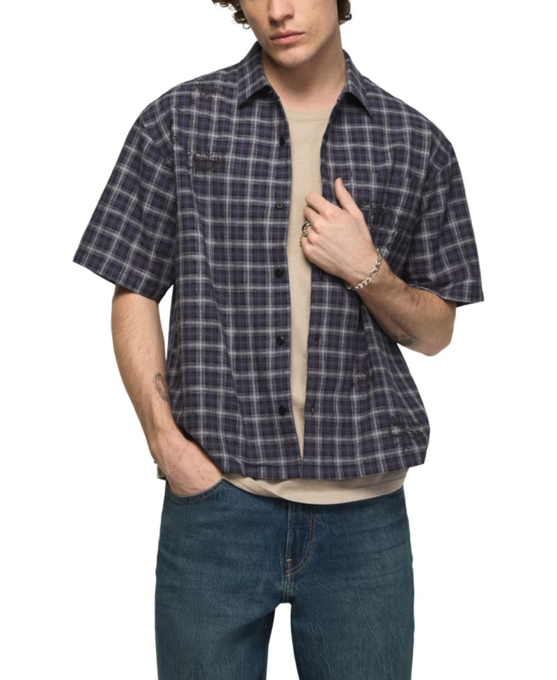 Men's Embroidered Plaid Spread Collar Shirt